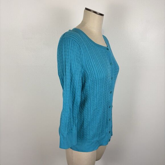 Talbots Cable Knit Cardigan Sweater Womens Large Teal Button Academia Preppy - Picture 5 of 7